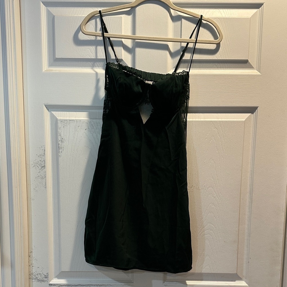 NWT! Cotton Candy LA Dark Green Satin Lace Bustier Slip Mini Dress S Low Back